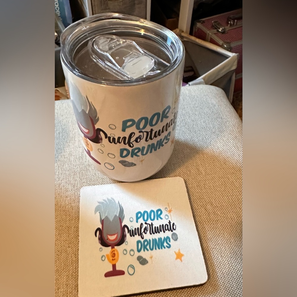 Disney inspired Insulated Tumbler/Lid& matching coaster. Poor Unfortunate Drunks